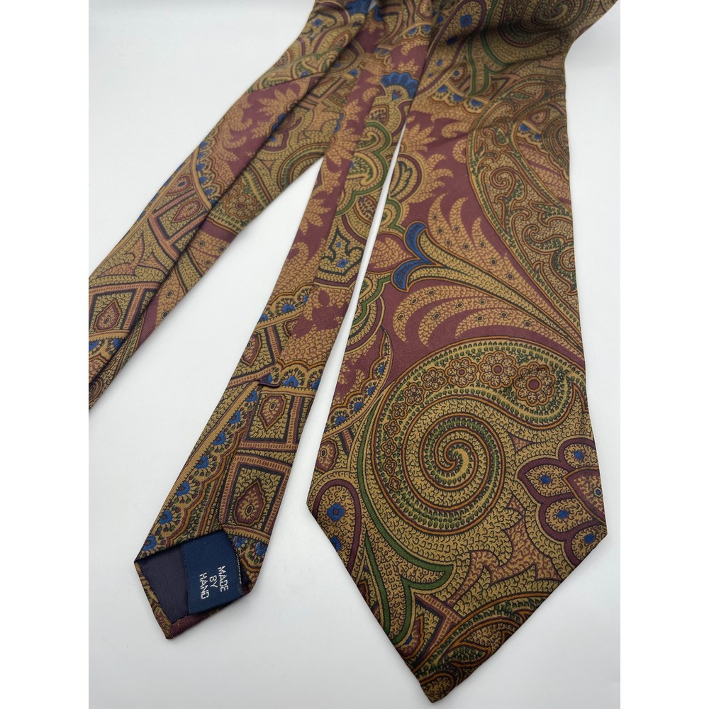 Polo Ralph Lauren Silk Tie Gold Burgundy Paisley Medallion Made in USA Hand Made